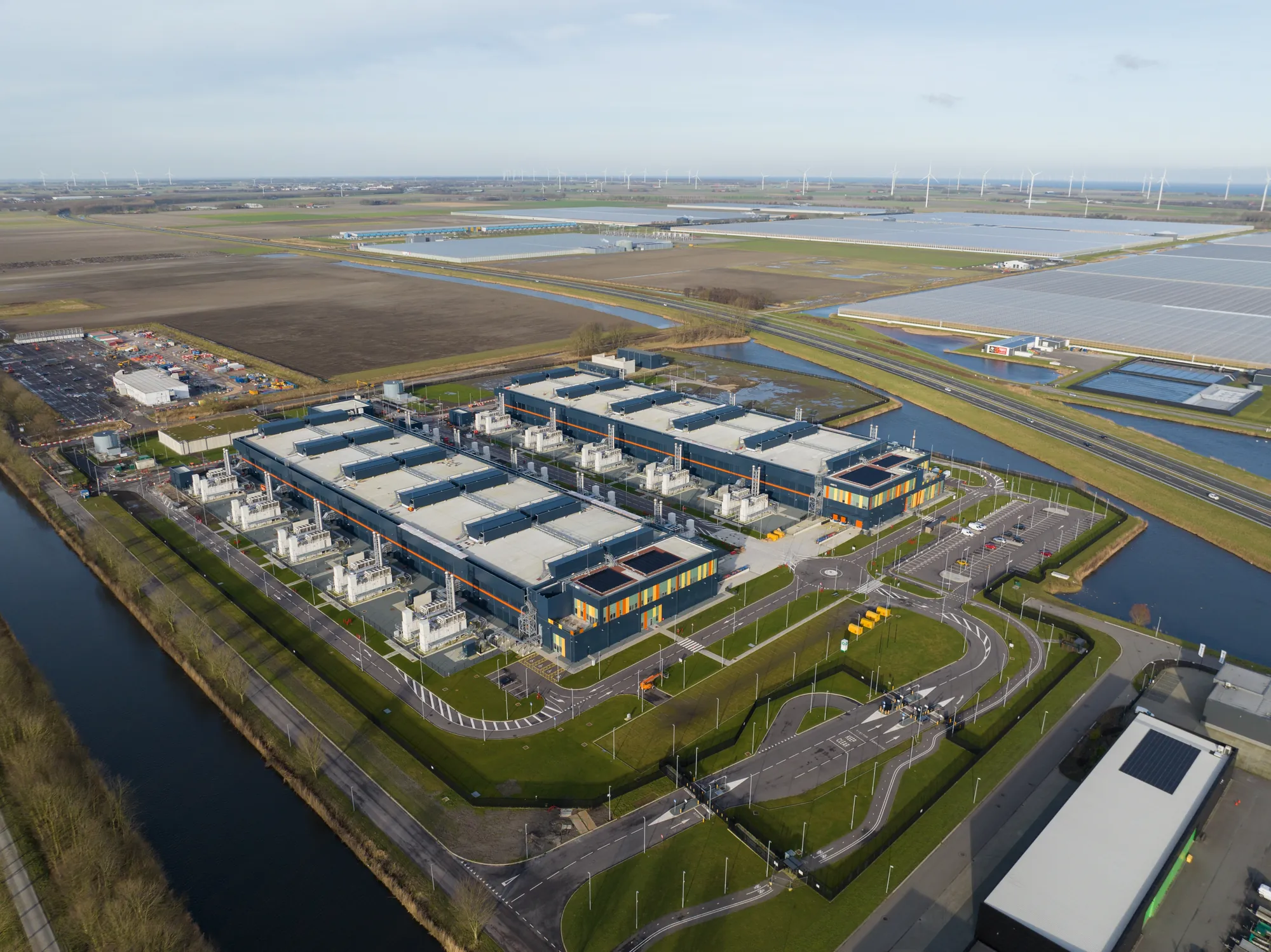 Aerial view of a large European data-centre campus