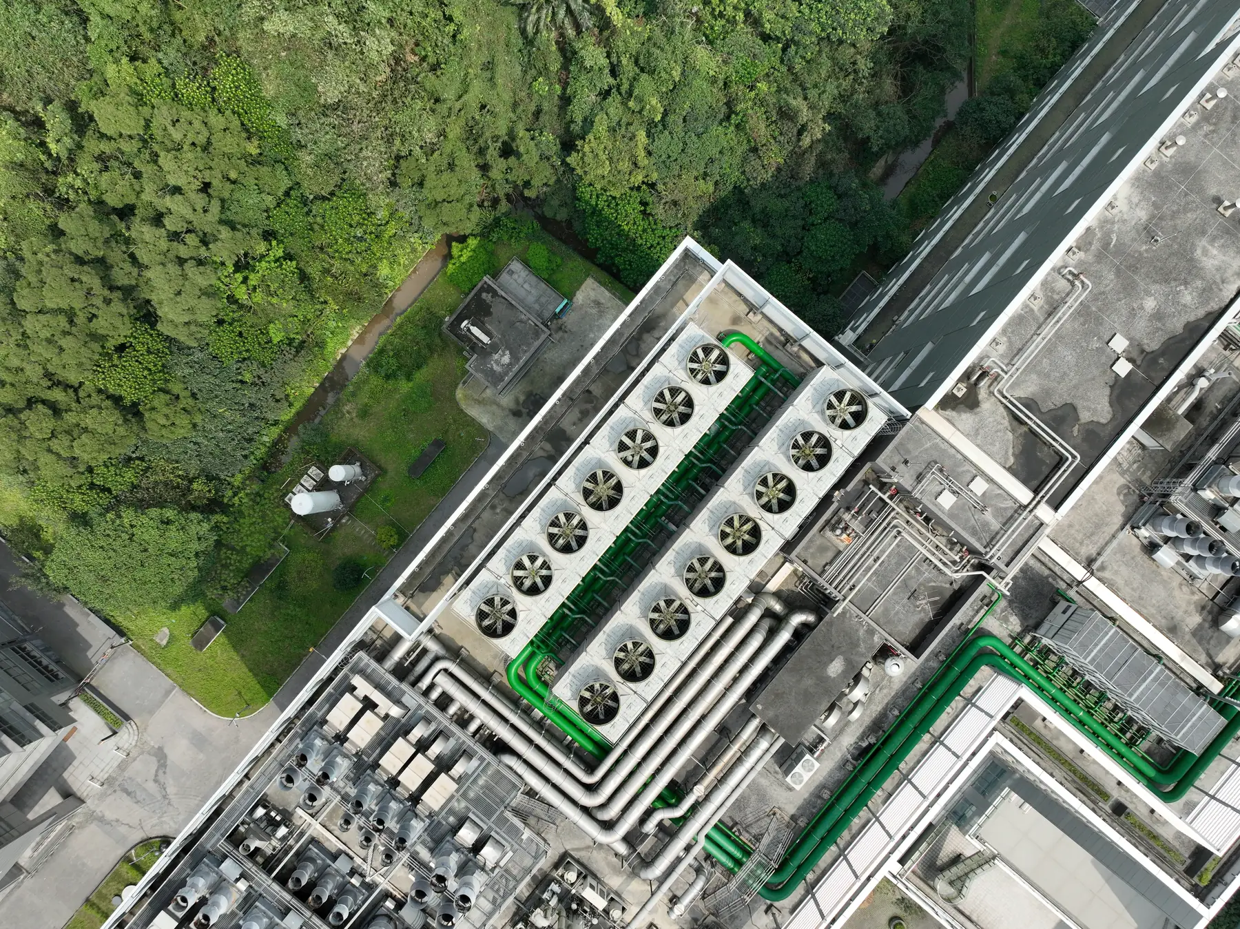 Aerial view of cooling plant, pipework and heat-rejection equipment