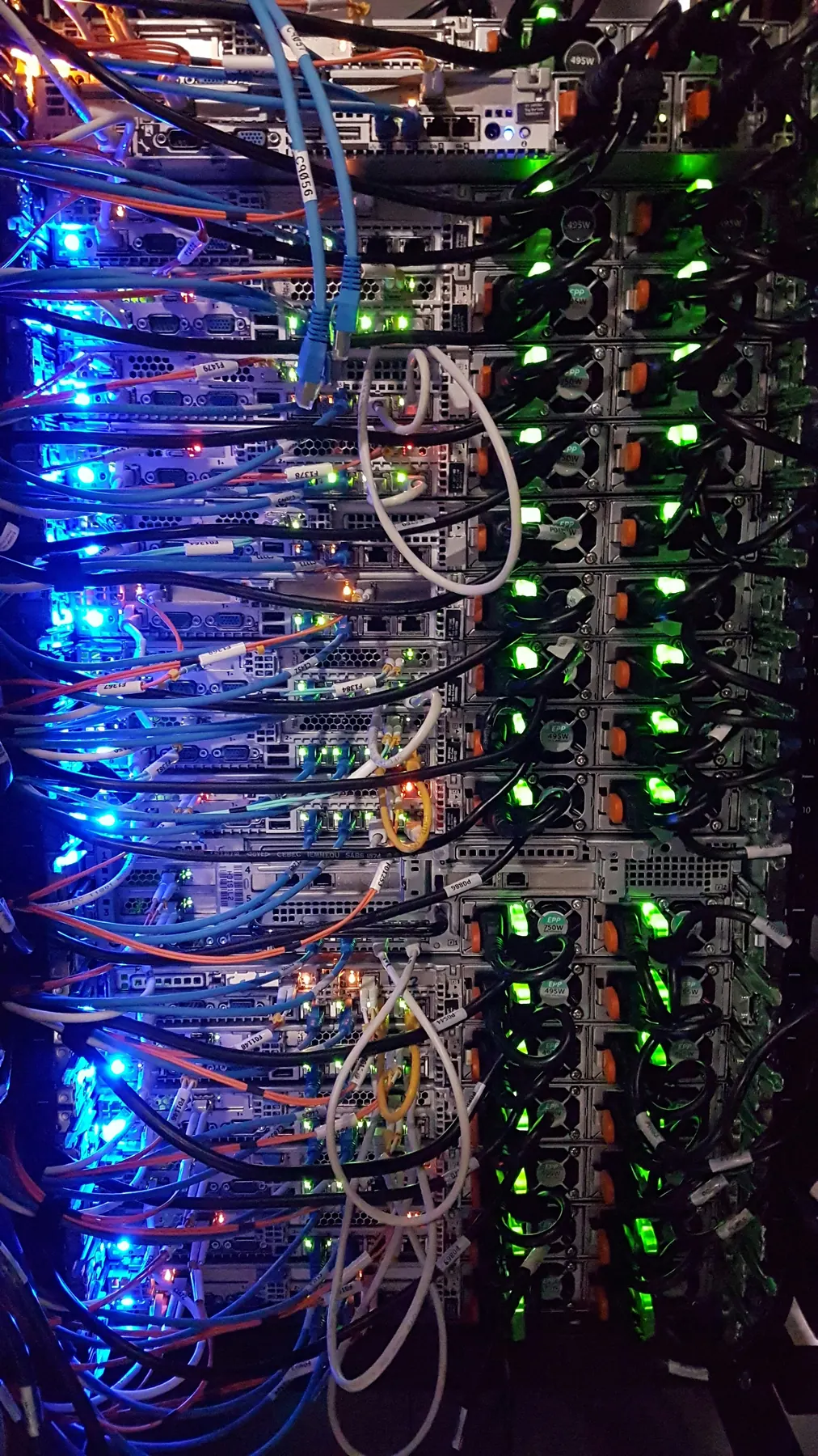 Rear of a densely connected server rack